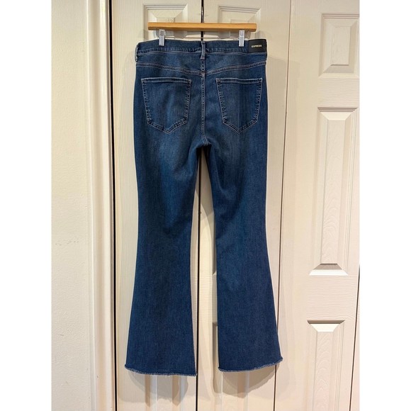 EXPRESS High Rise Flare Supersoft Ripped Knee Raw Hem Bell Bottom Stretch Jeans - Picture 8 of 11